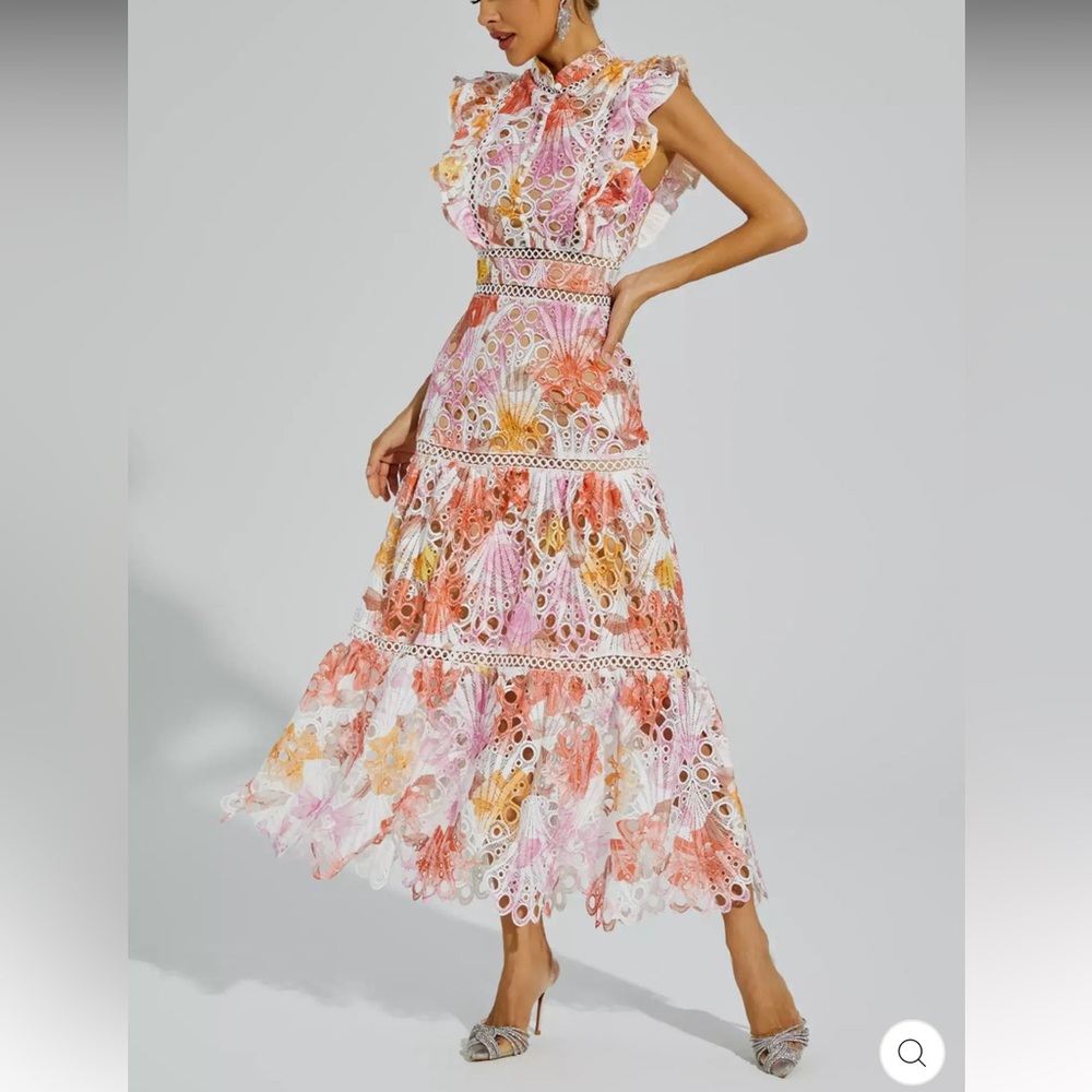 Pink and Orange Ruffled Tiered Maxi Sundress